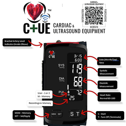 Labelled display view of C+UE All-in-one Blood Pressure Monitor, Arm measured, black Case, black LCD