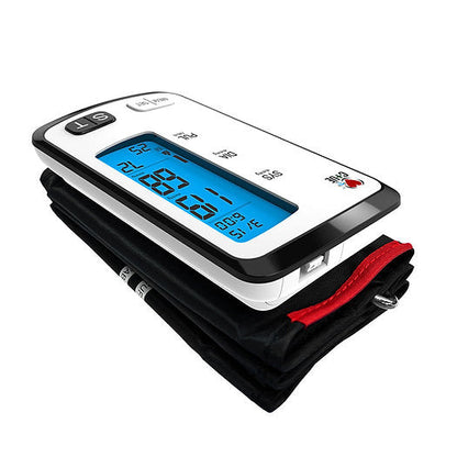 Top view of flat C+UE All-in-one Blood Pressure Monitor, Arm measured, white Case, blue LCD