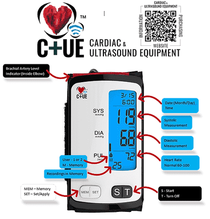 Labelled display view of  C+UE All-in-one Blood Pressure Monitor, Arm measured, white Case, blue LCD