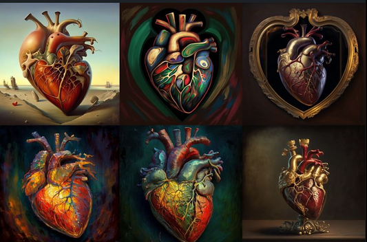 Representations of the heart in the styles of Dalí, Picasso, da Vinci, Monet, van Gogh & Rembrandt